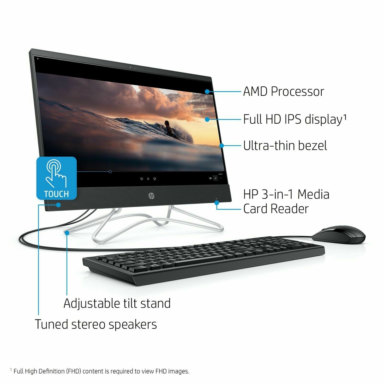 Same day delivery HP 21.5" FullHD Touch-Screen Ryzen-3  All in one PC  New Model  with inbuilt webcam hp School/office use 8GB RAM 480GB SSD Win 10 Home Black  1 year warranty with keyboard and mouse 