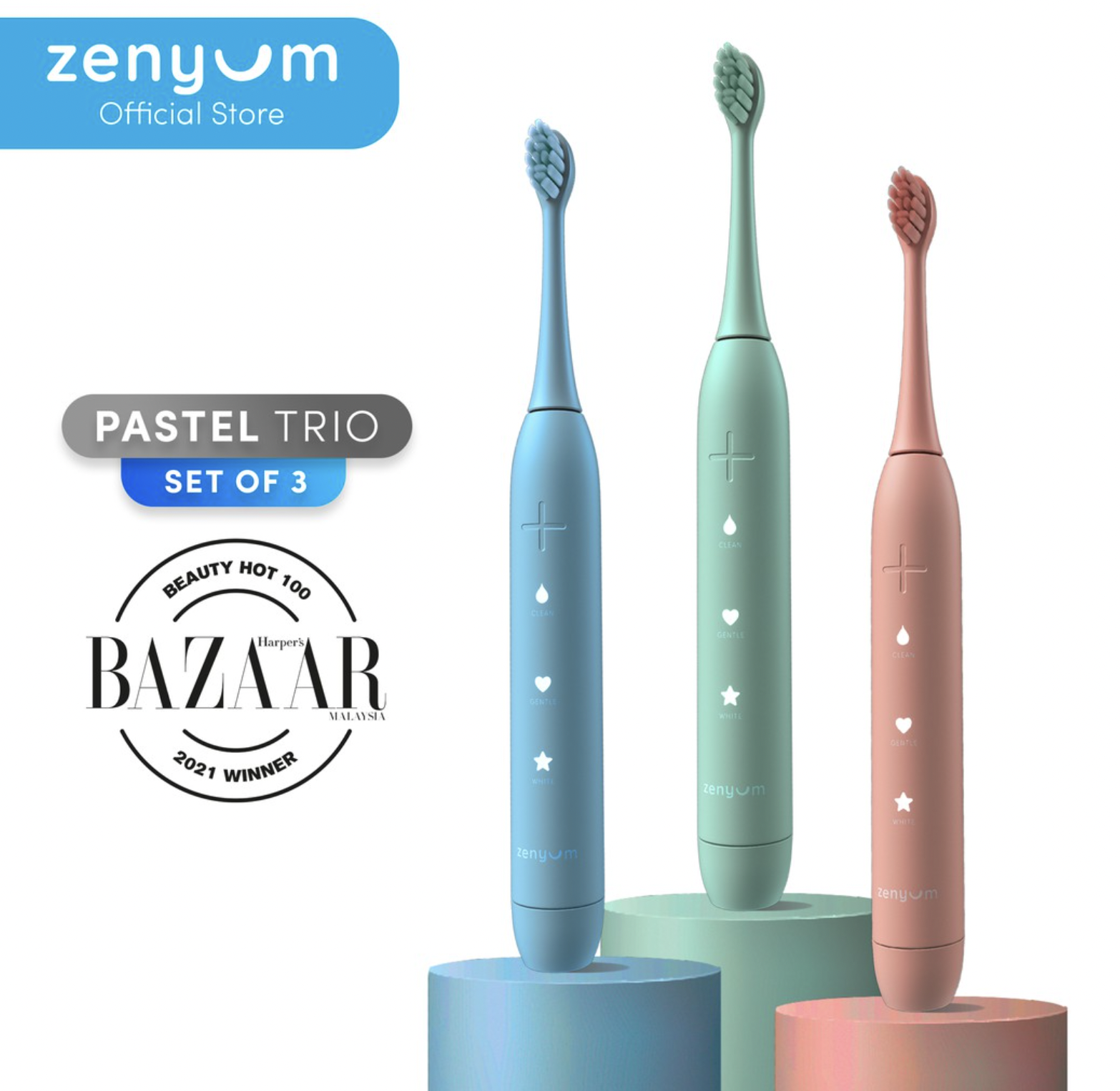Bundle Deal - Limited Edition Zenyum Sonic Electric Toothbrush Pastel Trio Edition - Pink, Blue & Green (Portable, IPX7 Waterproof, 3 Modes, Rechargeable, 21 Days Battery Life)