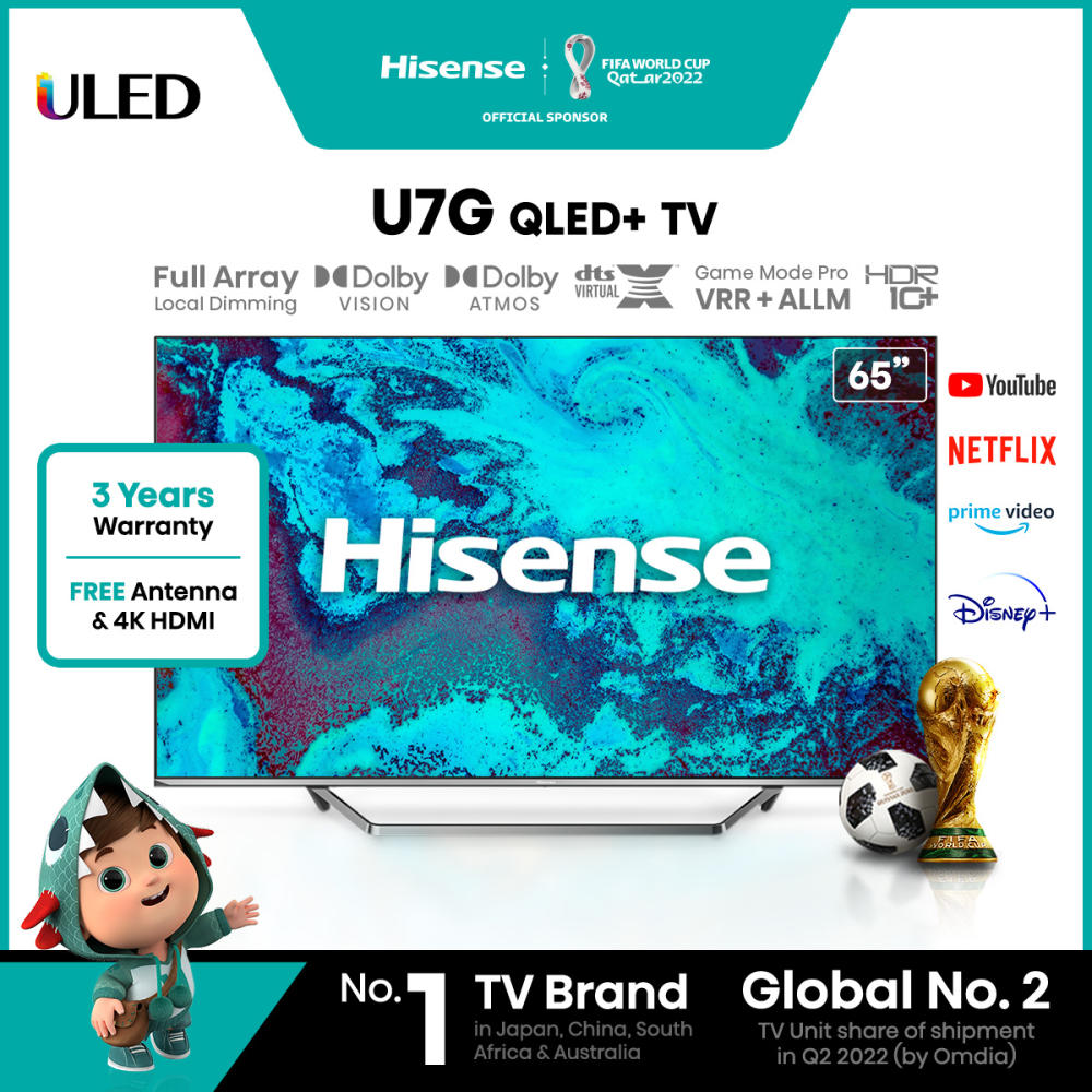 Hisense U7G 65" QLED+/ULED | Full Array Local Dimming | Dolby Vision & Atmos | MEMC | HDR 10+ |  VRR ALLM | DTS Virtual X | 4K Smart TV | Peak 700nits Brightness | 178° Wide Viewing Angle | Bluetooth 