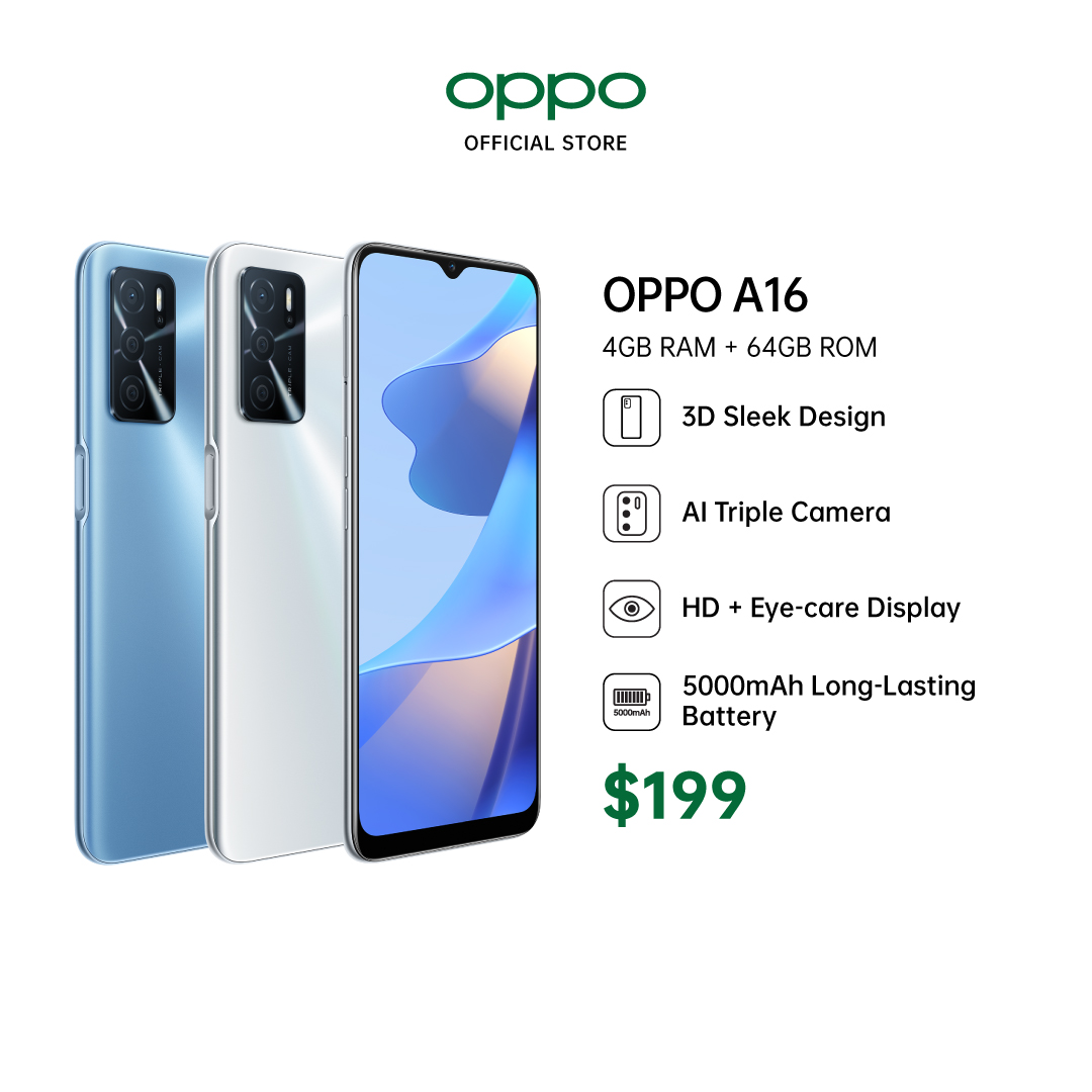 OPPO A16 / AI Triple Camera / HD+ Eye-Care Display/ 5000mAh Battery/ 4GB RAM + 64GB ROM