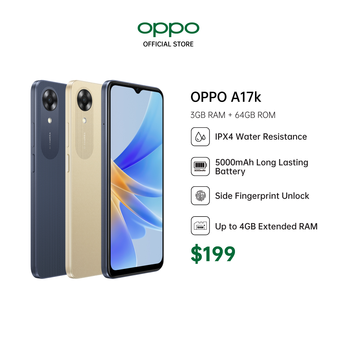 OPPO A17K / IPX4 Water-Resistance / 5000mAh Long Lasting Battery / Side Fingerprint Unlock / 4GB Extended RAM
