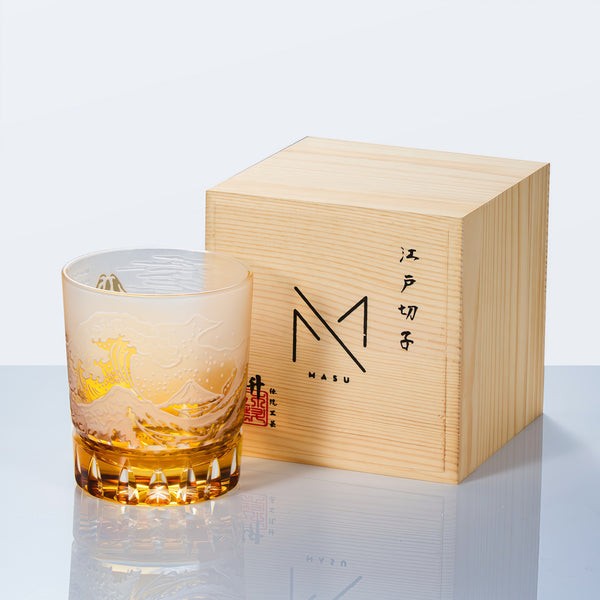 Edo Kiriko Handcrafted Fuji Wave Whisky Glass Collection With Wooden Box （Styles: Kin Fuji）