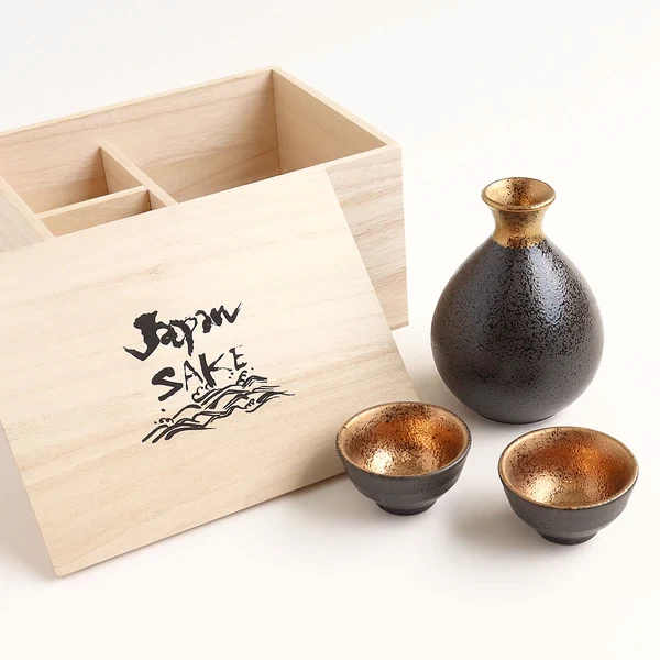 Jinpo Handcrafted Kinsai Gold Ochoko Sake Set with Wooden Box