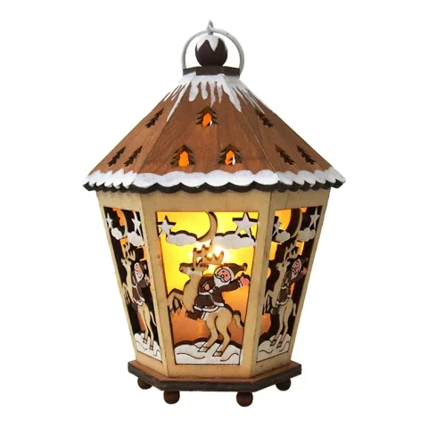 LED Wood Light House Hexagonal Brown Christmas Stylish Cute Scandinavian Wooden Natural Warm Tabletop Table Ornament