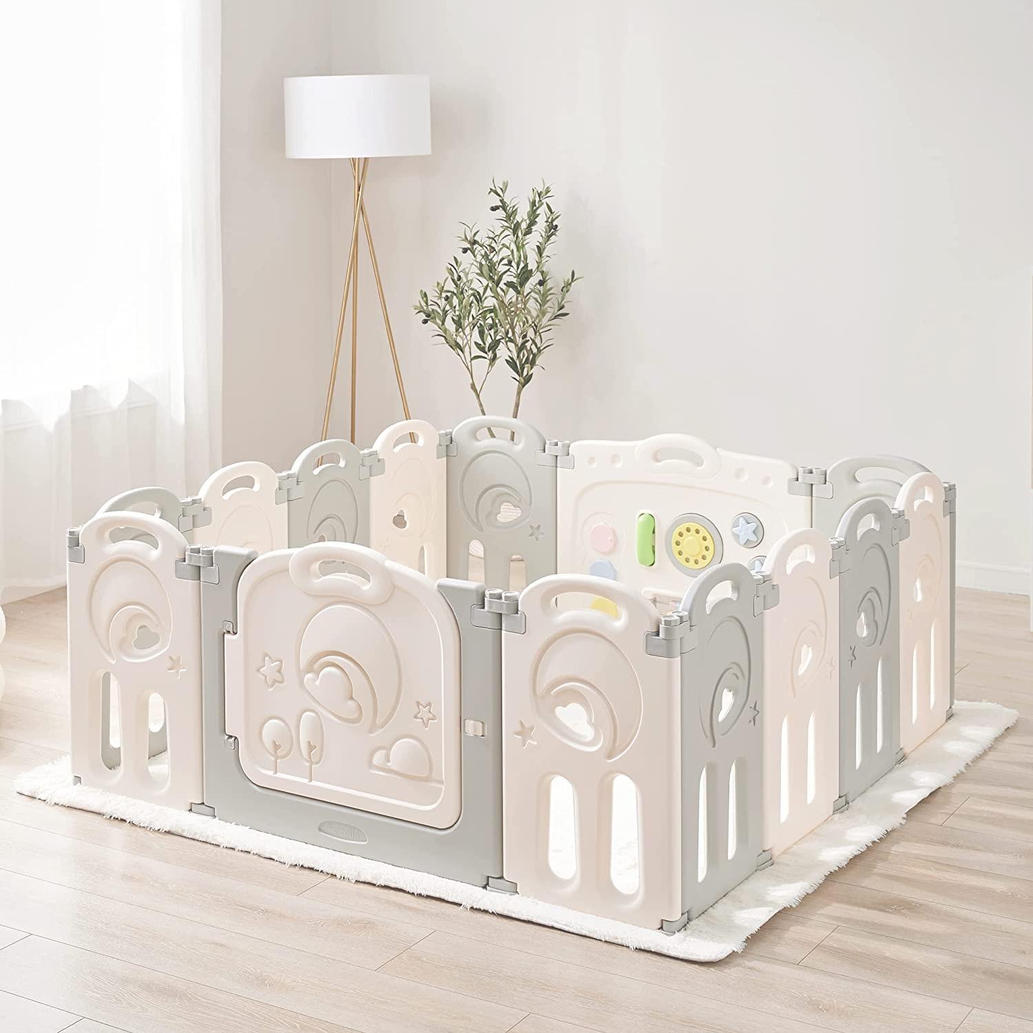 Fortella Cloud Castle Playpen Foldable with Toy Panel and Whiteboard Baby Gift Gray & White (14 Pieces)